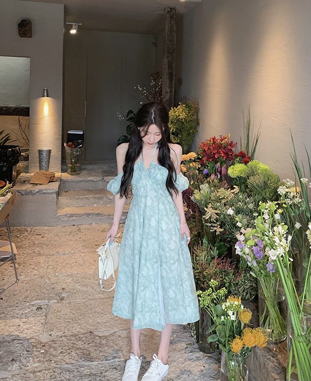 New in early summer! [savage] fashion lace up neck hanging medium length gentle dress e8056# WPL