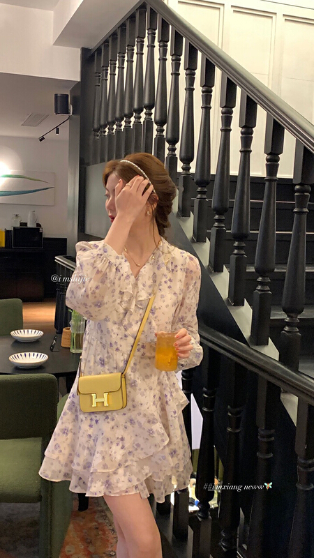 [x · h studio] V-neck fungus edge floral bubble sleeve dress 502# ozq