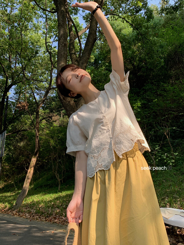 New in early summer! [seek peach] simple and versatile round neck embroidered blouse 5170# ll