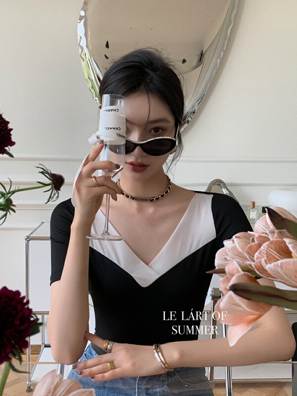 [le lart] French yarn collage original high fashion slim fit short sleeved shirt ll5473# XYJ