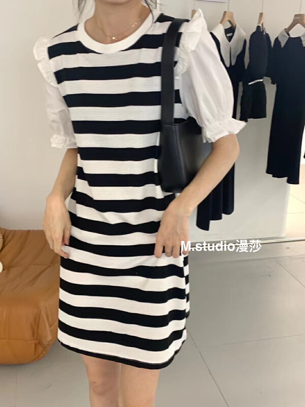 [MSTUDIO MANSA] striped Korean color matching dress y6676# ll