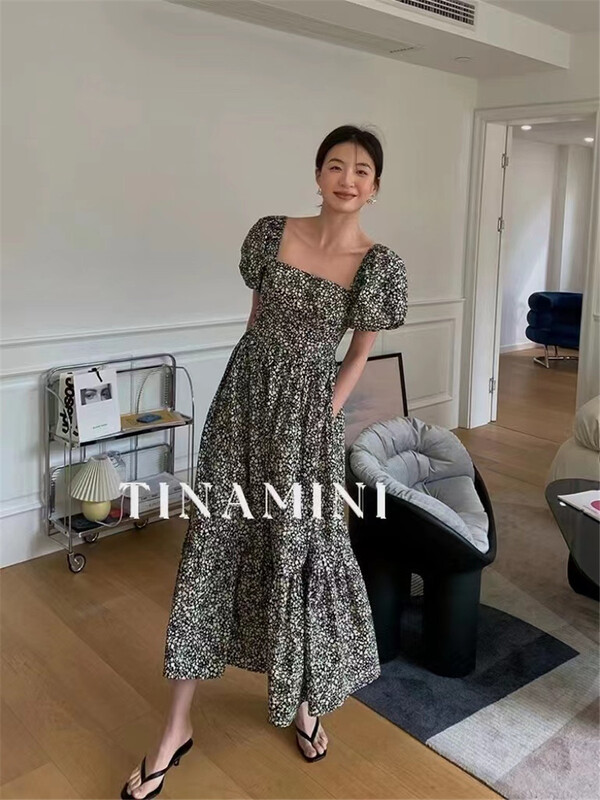 [Tina Mini] Korean Ladies square neck bubble sleeve dress m0165# hjy