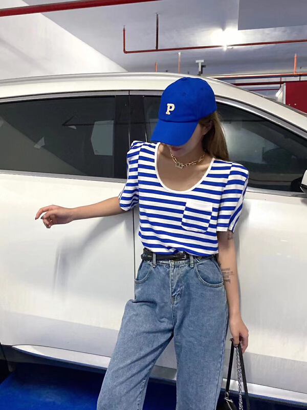 [FF. Studio] stripe design sense of minority chic U-neck knitted short sleeve T-shirt 7756# ozq