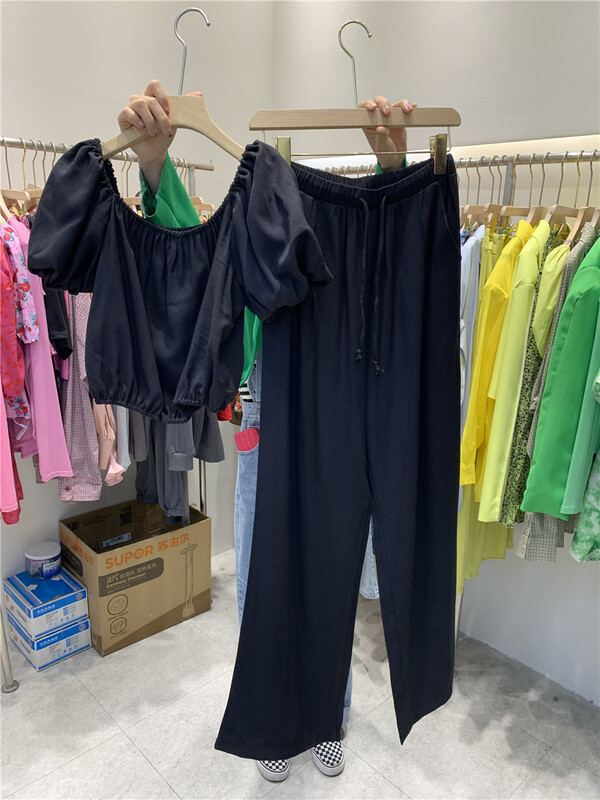 goods in stock! New in early summer! [Yan Zhen] one shoulder simple solid color short shirt + elastic waist loose casual pants set 77997# PCZ
