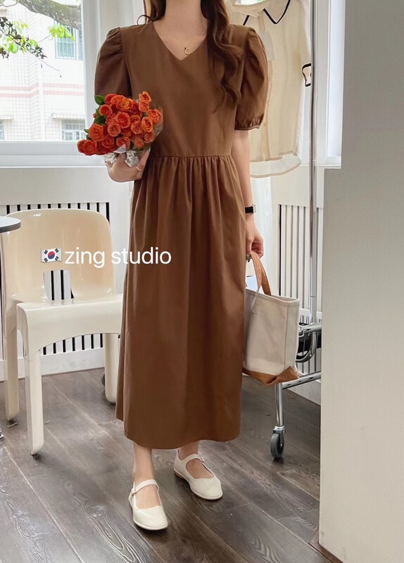 New in early summer! [zingstyle] V-neck Solid Color Bubble Sleeve Dress (without sling) w1253# HBx