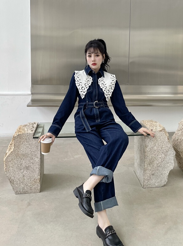 goods in stock! New year in early spring! [mi2] denim doll neck loose Jumpsuit (detachable with doll neck) (belt not detachable) e9129# JJ