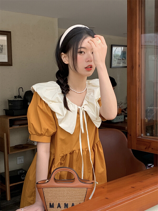 New in early summer! [timely rain] Korean style ins design sense splicing doll neck loose and thin dress 99928# WPL