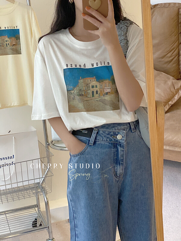 New in early summer! [cherry studio] fashion simple oil painting yellow house short sleeve T-shirt (T-shirt only) 5088# HBx