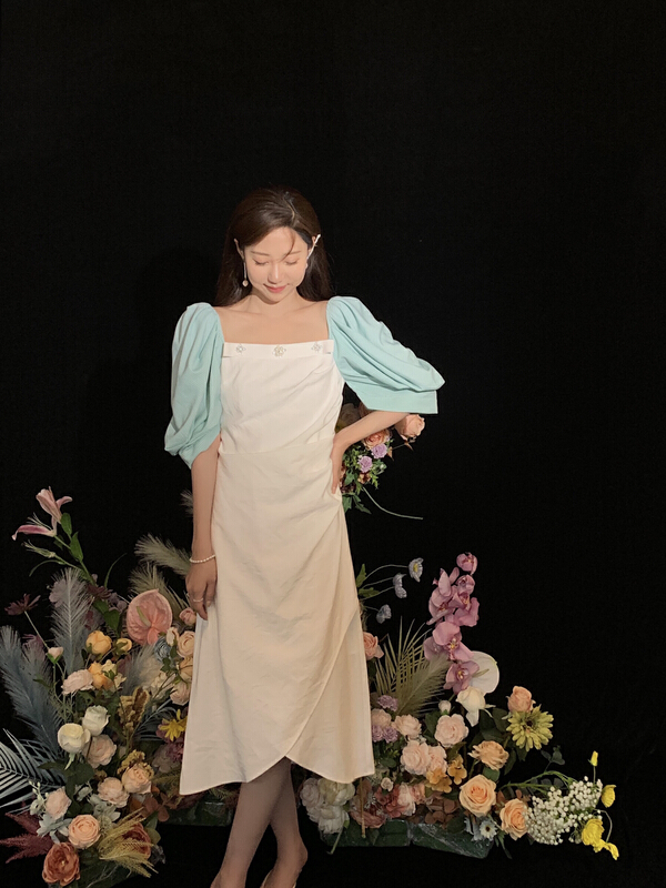 [u Nara] fashionable medium length color blocking dress p81120# WPL