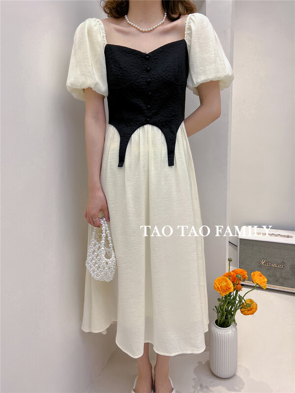 goods in stock! New in early summer! [Taotao family] French elegant color blocking, waist closing and thin medium length dress 3576# lwy