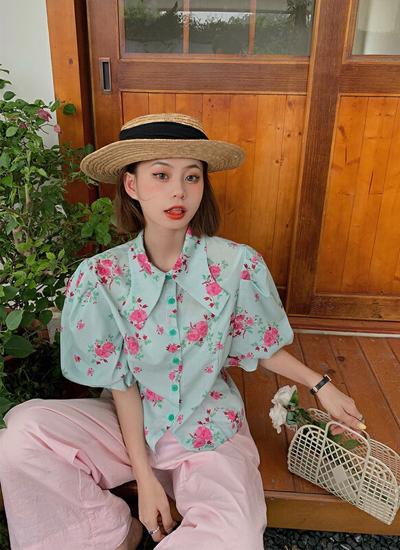 New in early summer! [yes] small fresh broken flower bubble sleeve design small shirt 22012# ozq