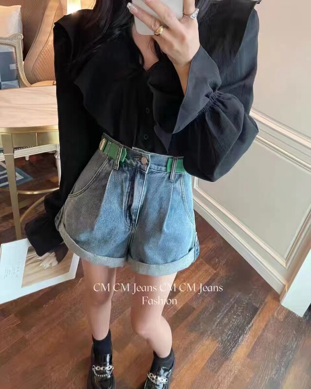 [Camille] fashionable splicing belt design crimped denim shorts 9251# zjy