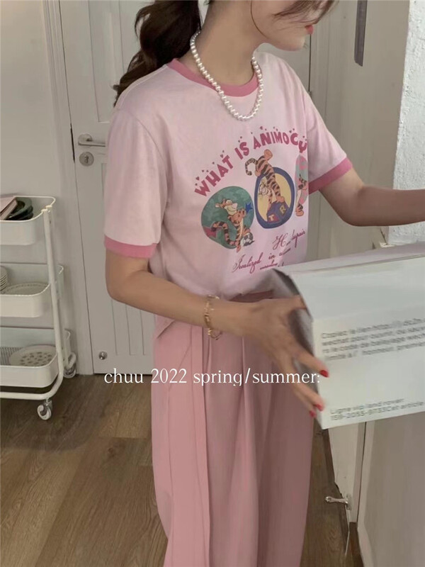 [chuu] Korean print contrast collar short sleeve T-shirt 61180# HBx
