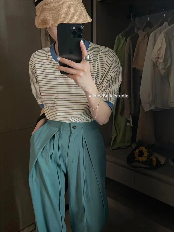 [hey Bella] crew neck Pullover stripe short sleeve T-shirt (T-shirt only) ys1-1502# ll