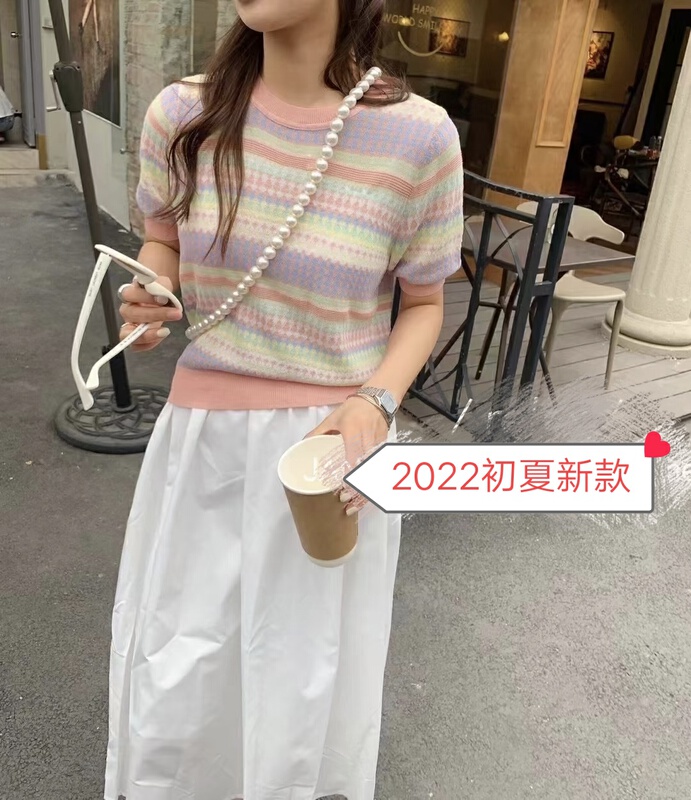 goods in stock! New in early summer! [city light] color stripe thin crew neck loose knit shirt sy8826# XJ