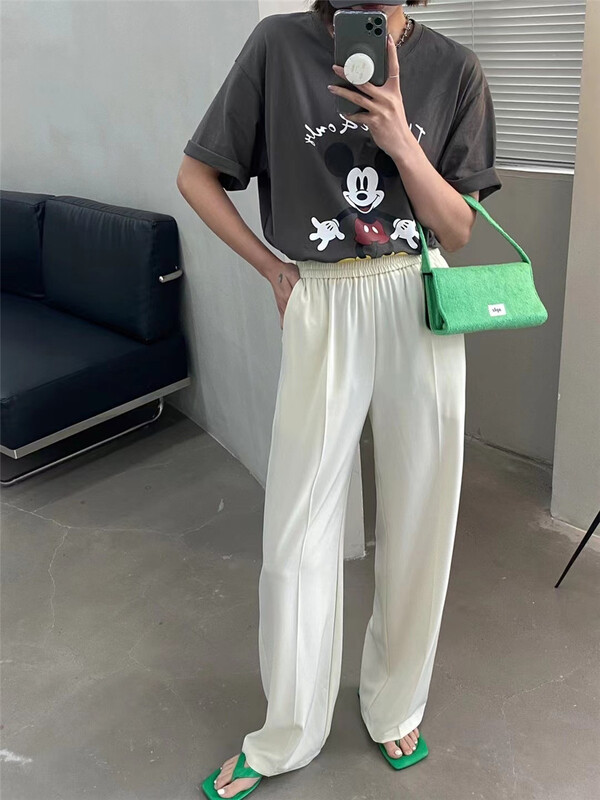 [black + white] Elastic Waist Chiffon wide leg casual pants 2s07706t# lwy