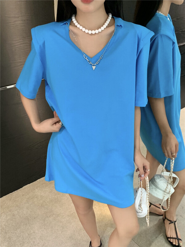 [aenna] Korean version solid color loose V-neck dress 8685# cqw