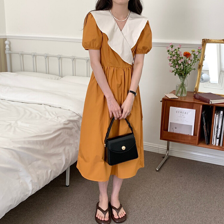 goods in stock! New in early summer! [timely rain] Korean style French color contrast fashion dress 64095# WPL