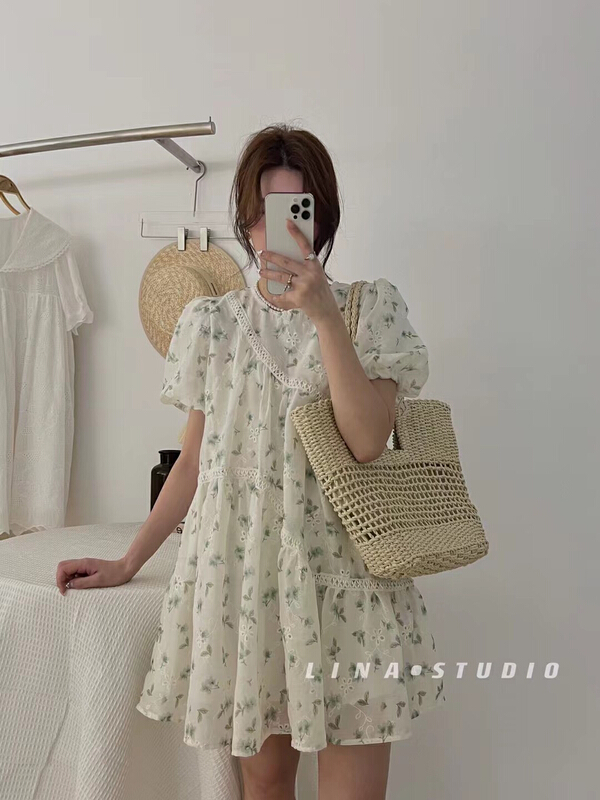[Lina] sweet and gentle floral loose bubble sleeve dress 0136# hjy