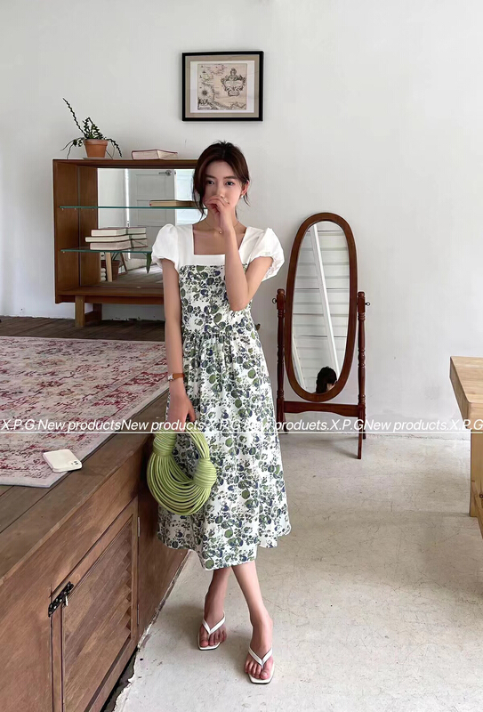 [x.p.g] square neck floral dress (with waist rope) 21001# hjy