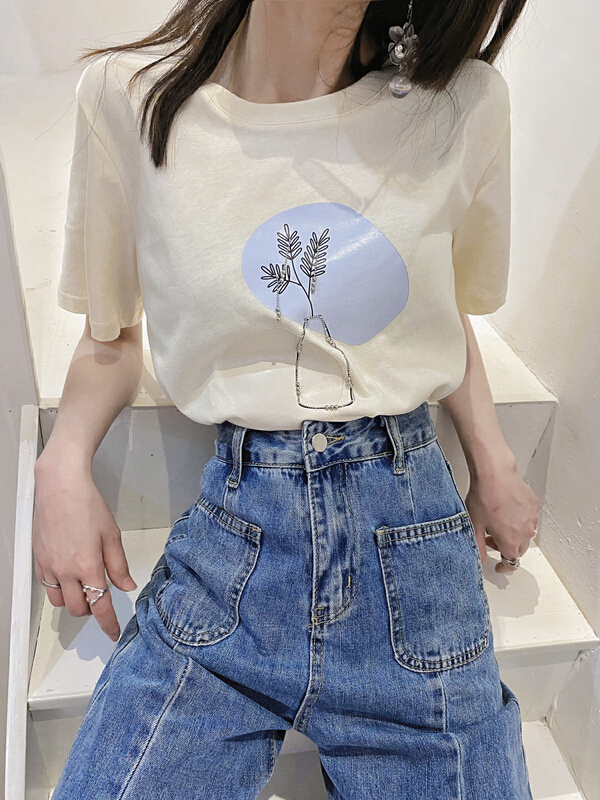 [twins] summer new exquisite small vase Hand Beaded loose short sleeve T-shirt 3051# hjy