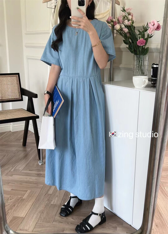 New in early summer! [zingstyle] Korean round neck bubble sleeve denim dress w1239# HBx