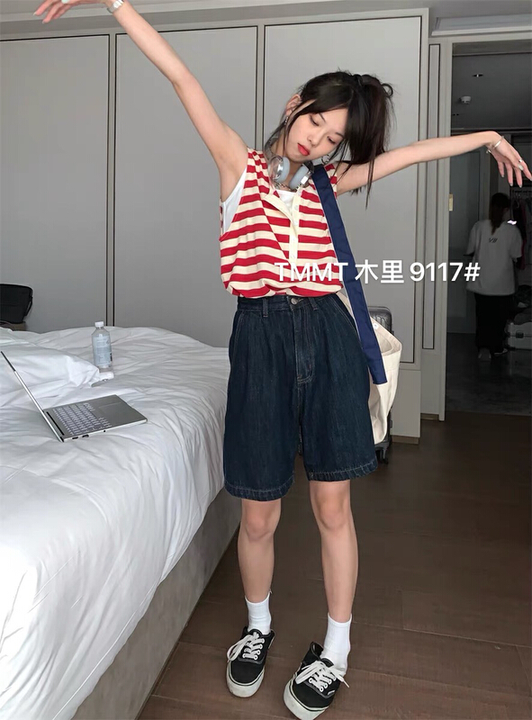 [jiajiatmmt Muli] nostalgic retro dark blue casual wide leg five point denim shorts 9117# L