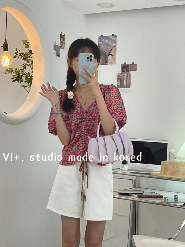 [VI +] Korean drawstring floral blouse 2566# LSW