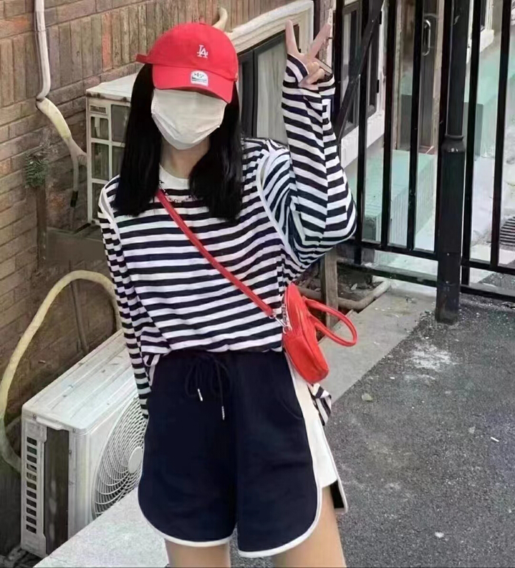 [miss Xi Xi] careful machine off shoulder long sleeve T-shirt + Elastic Waist Shorts Set 8162# Cl