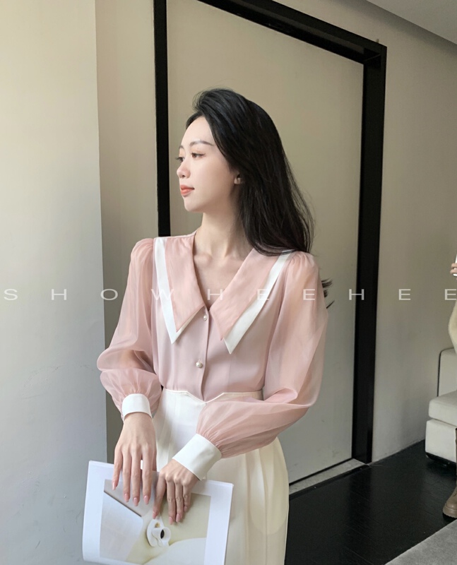 New year in early spring! [Xiu Xixi] Korean version of lady's matching soft yarn sleeve contrast Lapel shirt 9035# zxx