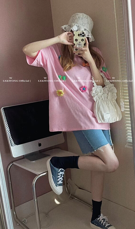 [le & Wong] fresh aging stereo butterfly floret short sleeve T-shirt 8805# WTT