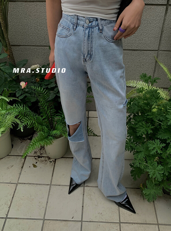 [MRA] Korean versatile straight hole jeans m1832# zxl
