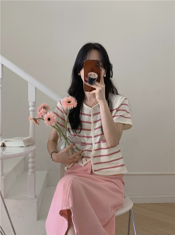 [blue show] round neck single breasted striped sweater 6115# LSW