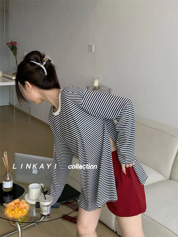 [linkayi] Korean casual stripe slit long sleeve sunscreen shirt 22390# hjy