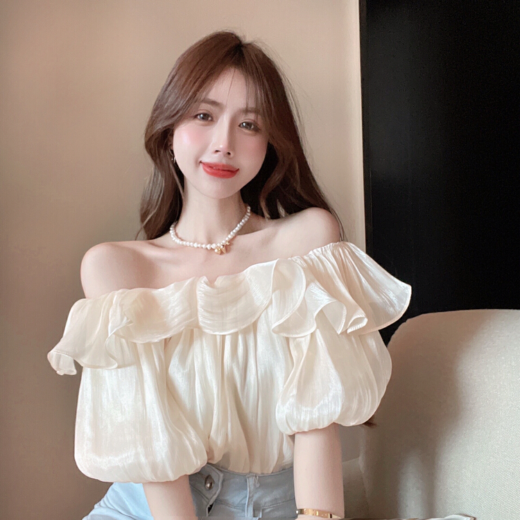 [Dan Ling] one shoulder elastic imitation silk flounced shirt 1085# PCZ