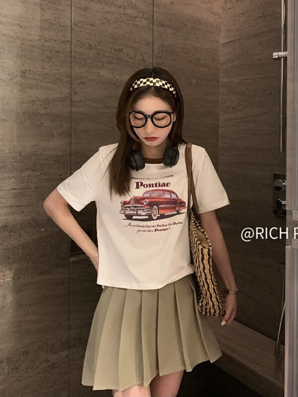 [rich Papa] vintage car print contrast edge short sleeve T-shirt t275# zxx