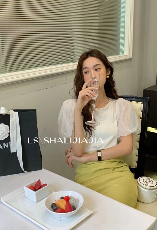 [LS] round neck bubble sleeve clean color blouse (detachable with chain) 2667# WPL