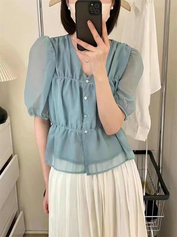 初夏上新!【SUSAN】韓版V領排扣小衫  6679#  LSW