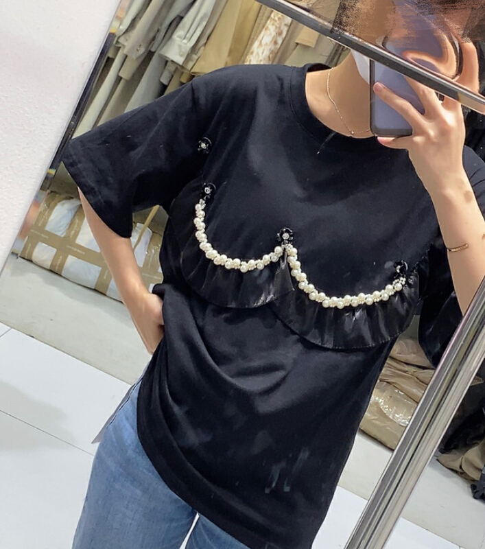 New in early summer! [Dore Dore] three dimensional nail bead lace short sleeve T-shirt 1209# ozq