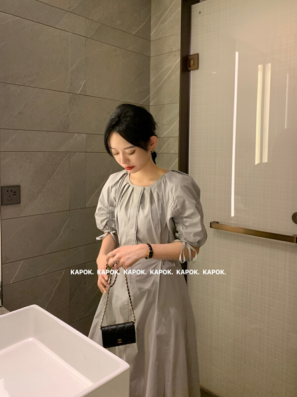 [kapok] pleated sleeve drawstring dress 9618# zxl