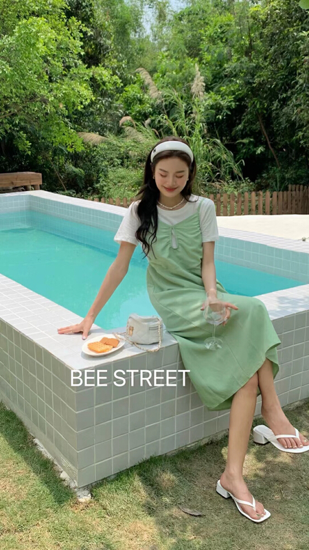 [bee Street] Korean version loose and thin fake two-piece dress 9166# lwy