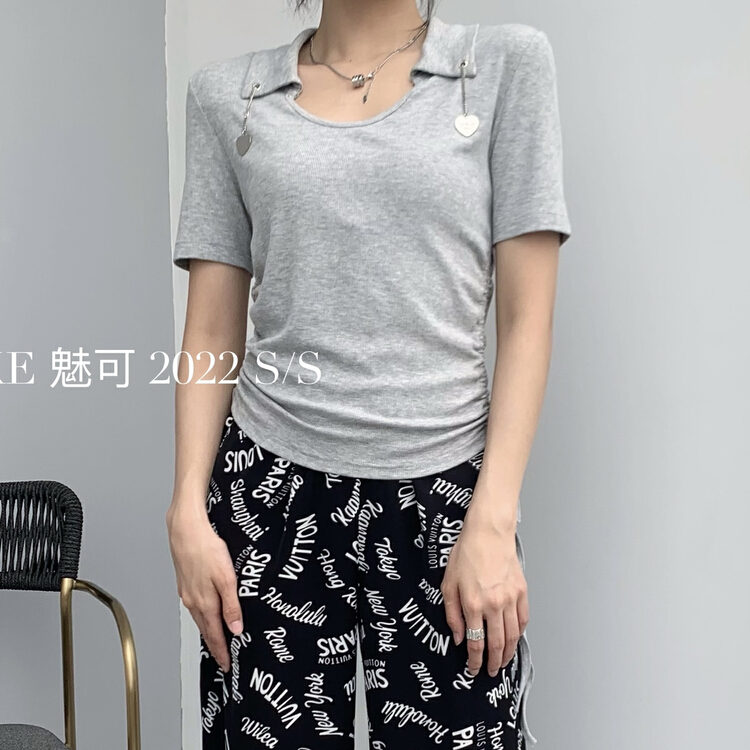 [make Meike] love non detachable Polo neck side pleated shirt 50117# XJ