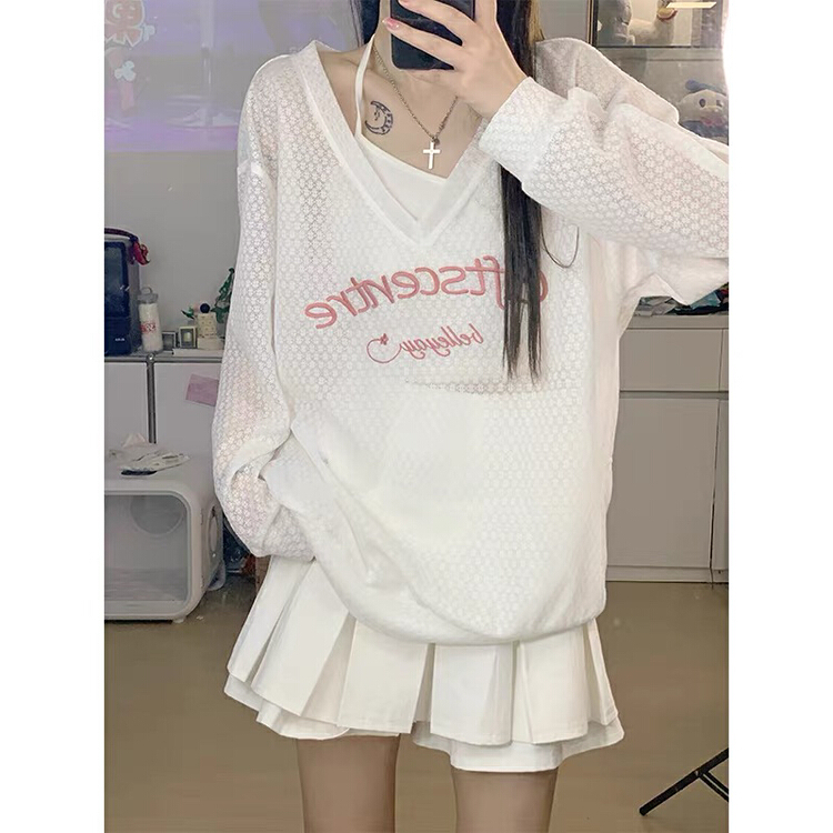 [jun.t] Spice Girl suspender Vest + V-neck loose sunscreen sweater set 6008# PCZ