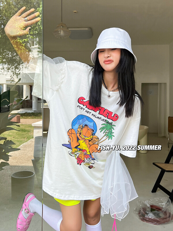 [fish Yu] cartoon Garfield printed stitched Organza loose short sleeve T-shirt 22196# LSL