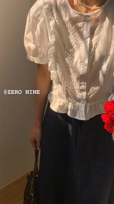 [zero-nine 009] Korean style round neck button up sweet blouse 9316# zjy