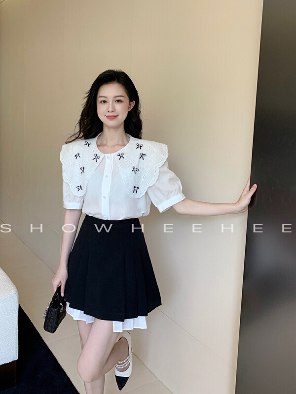 New in early summer! [Xiu Xixi] Korean version of versatile Flower Bow Tie Shirt 9082# zxx