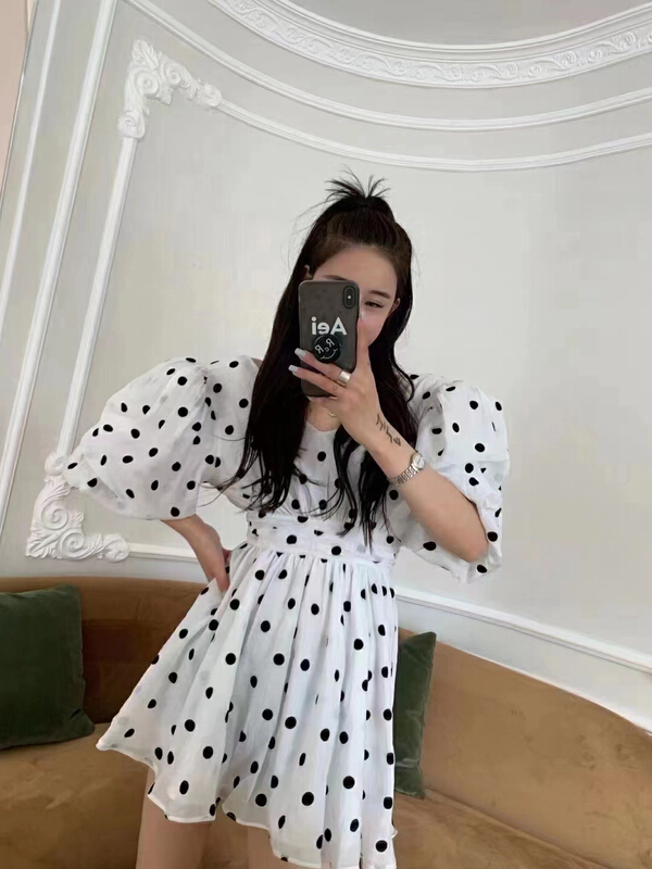 [lidada] V-neck Tencel bubble sleeve dress 2932# HBx