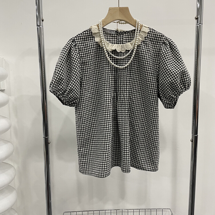 New in early summer! [baerman] Korean lace Plaid bubble sleeve blouse 8416# HBx