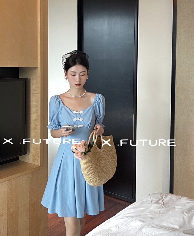 [x.future] Korean style square neck bubble sleeve dress x8155# zxx