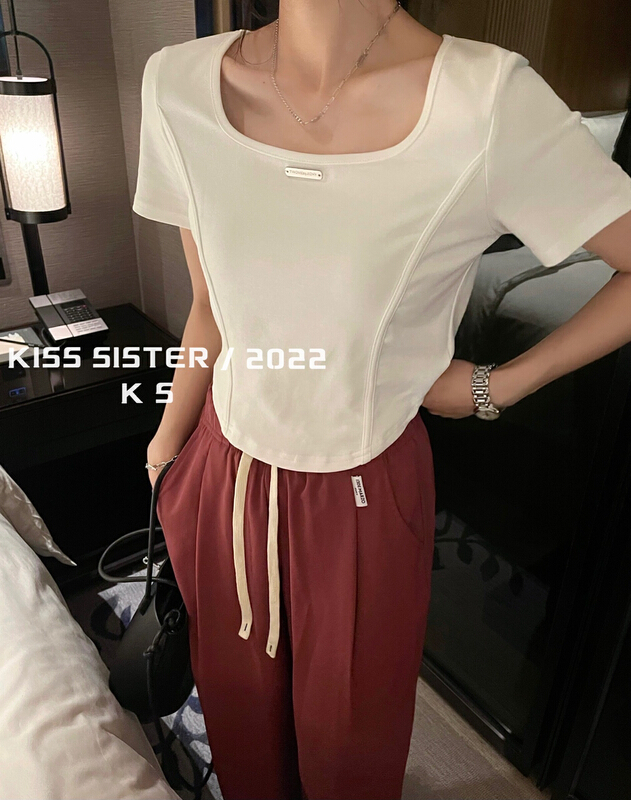 初夏上新!【KISS SISTER】韓版方領修身短袖T恤  9159#  OZQ